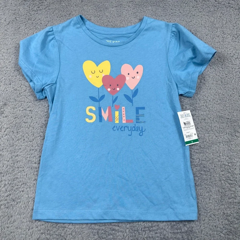 365 Kids Garanimals Graphic T-Shirt Girls 6 Blue Smile Everyday Heart Puff Sleev